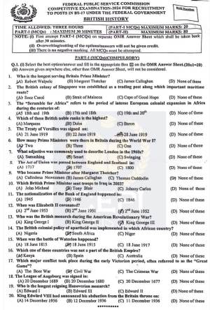 First page of CSS Past Paper British History 2024