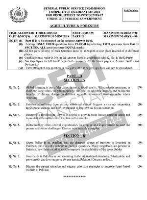 First page of CSS Past Papers Agriculture & Forestry 2018