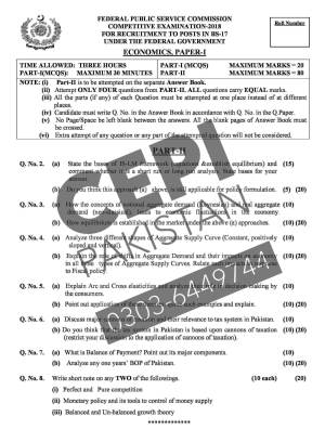 First page of CSS Past Papers Economics Paper-I 2018