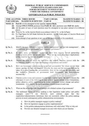 First page of CSS Past Papers Governance and Public Policy 2019