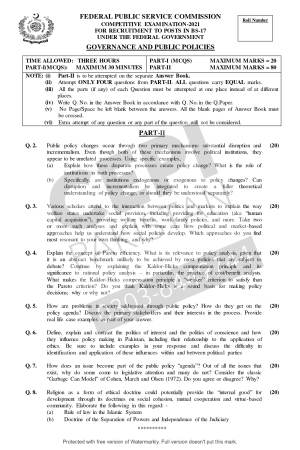 First page of CSS Past Papers Governance & Public Policies 2021