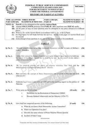 First page of CSS Past Papers History of Pakistan and India 2019