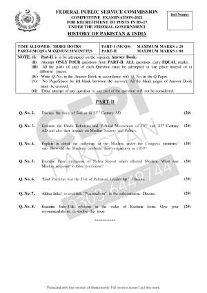 First page of CSS Past Papers History of Pakistan & India 2021