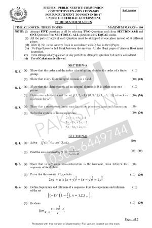 First page of CSS Past Papers Pure Mathematics 2019