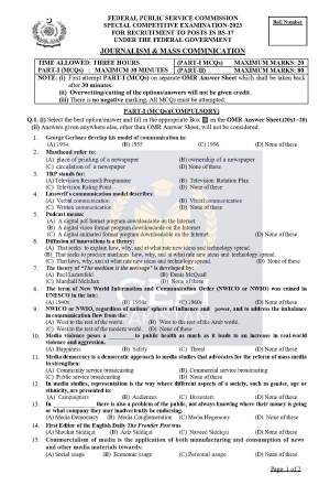 First page of Special CSS Past Paper Journalism & Mass Communication 2023